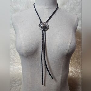Vintage Silver Western Pendant Bolo Tie Necklace Black Braided Leather
